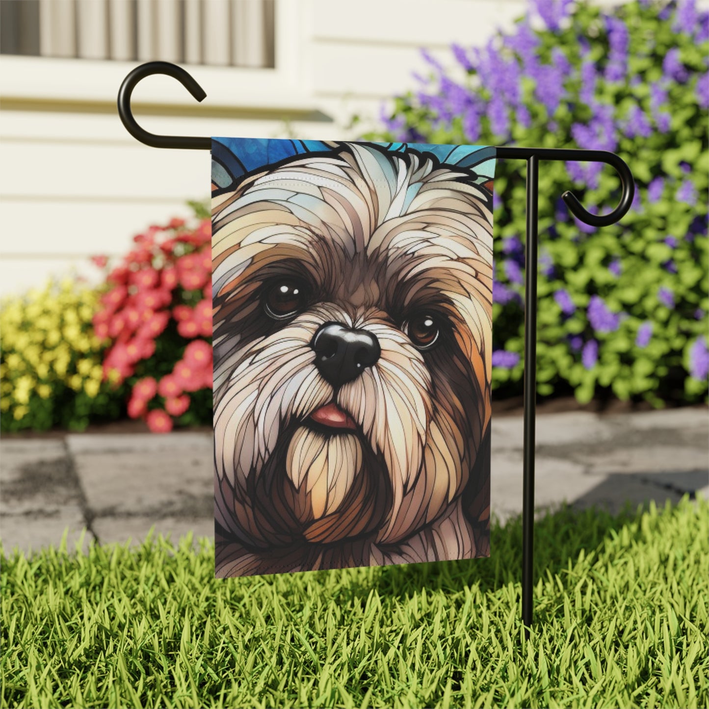 Lhasa Apso Stained Glass Look 2-Sided Garden & House Flag/Banner
