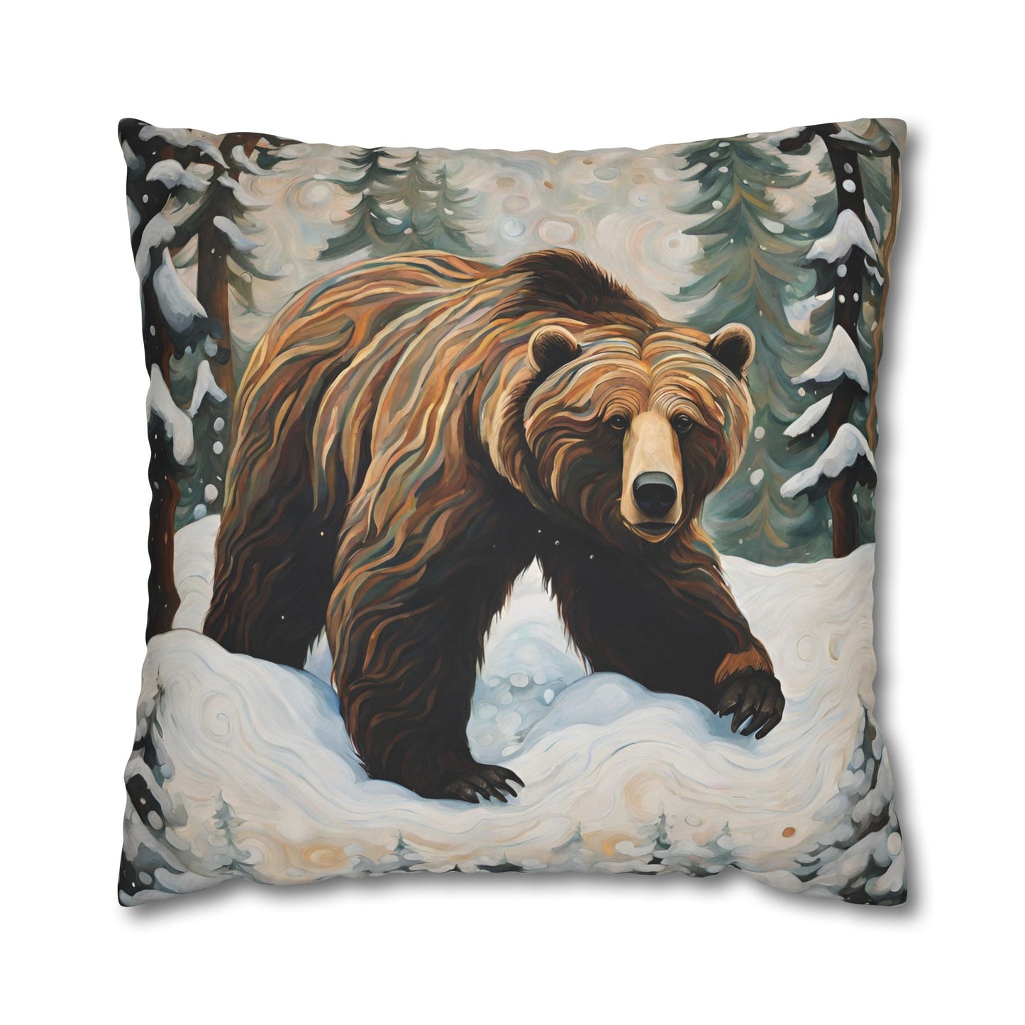 Winter Grizzly Square Poly Canvas Pillowcase