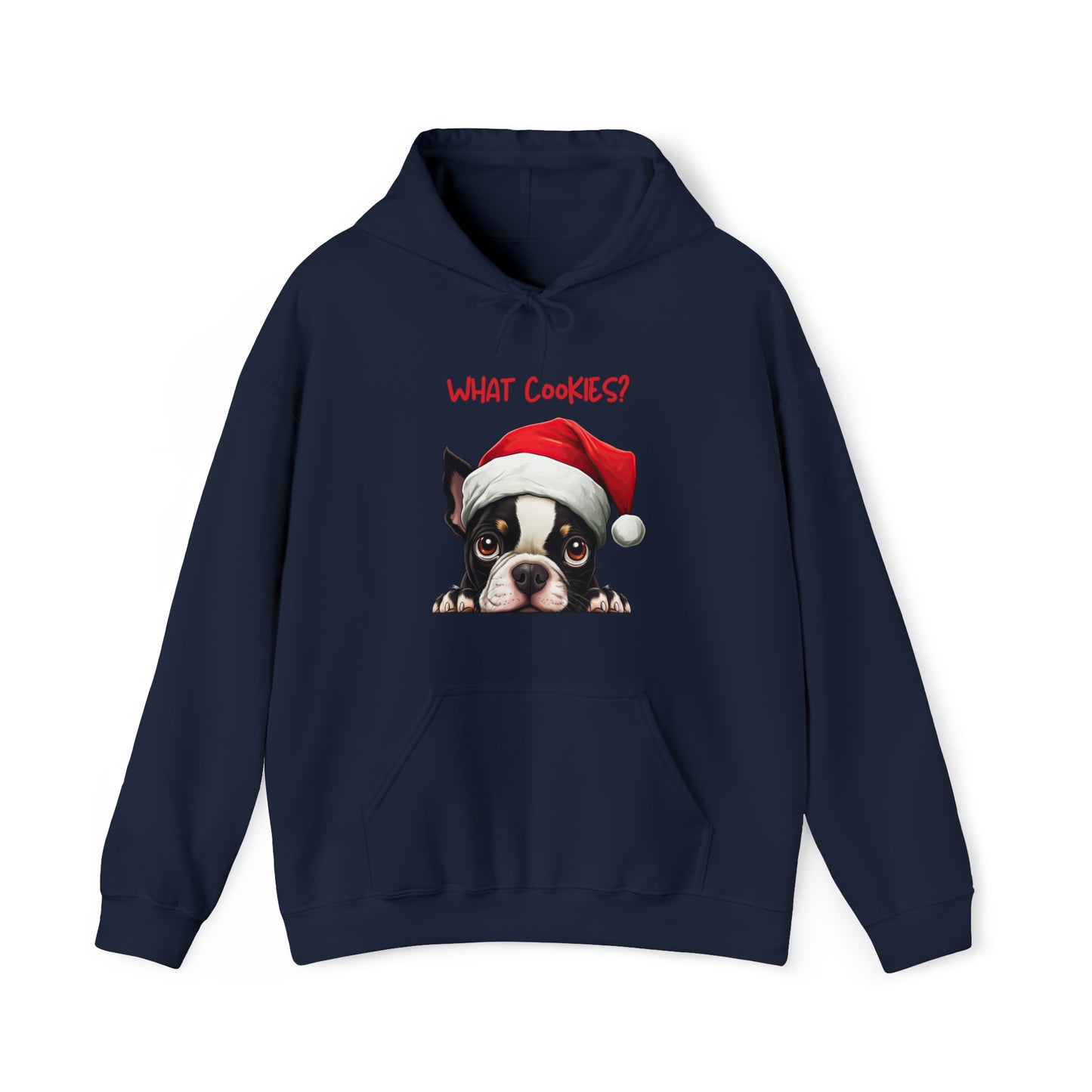 What Cookies? Boston Terrier in Santa Hat Unisex Heavy Blend™ Hooded Sweatshirt