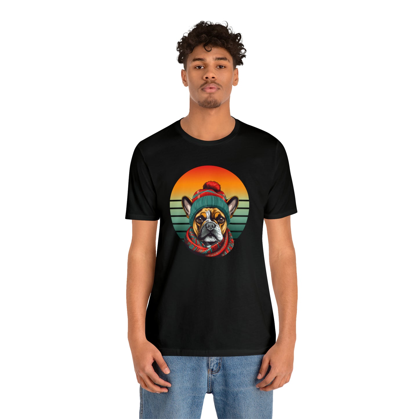 Retro French Bulldog in Hat & Scarf Unisex Jersey Short Sleeve Tee