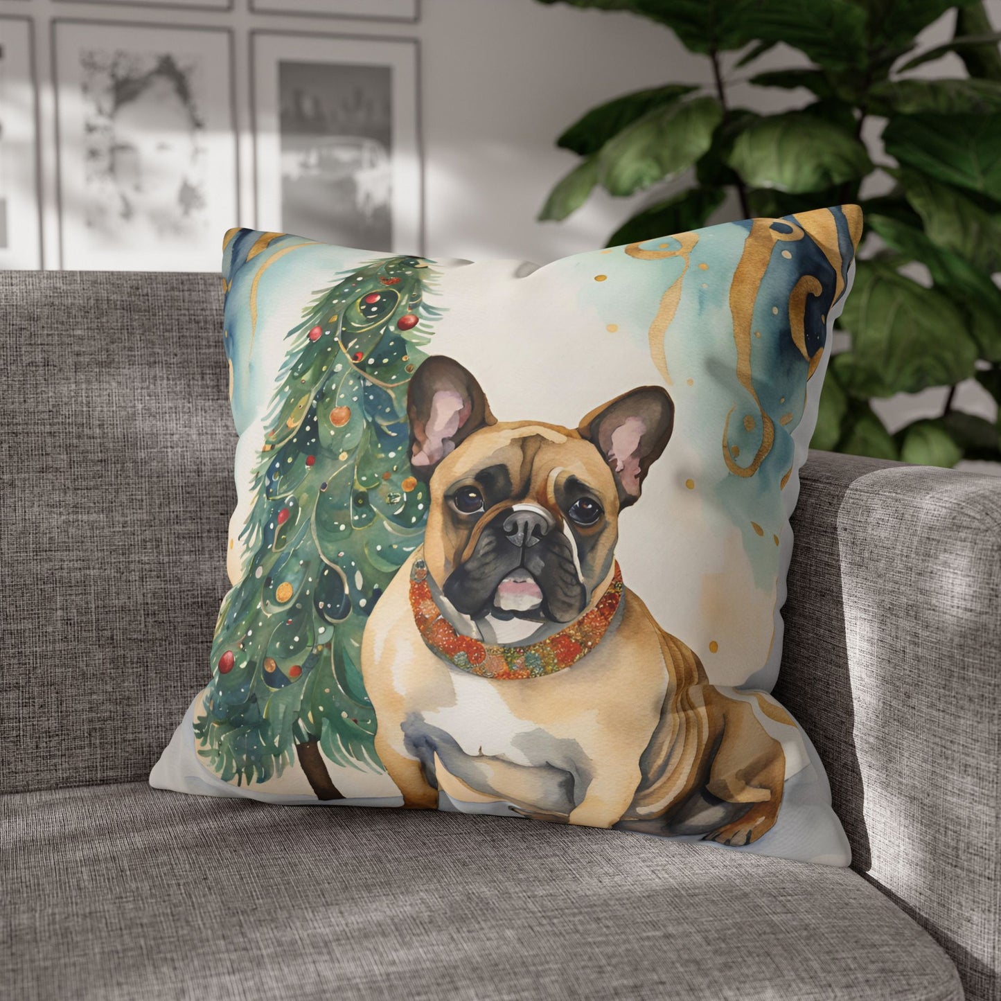 A Frenchie Christmas Square Poly Canvas Pillowcase