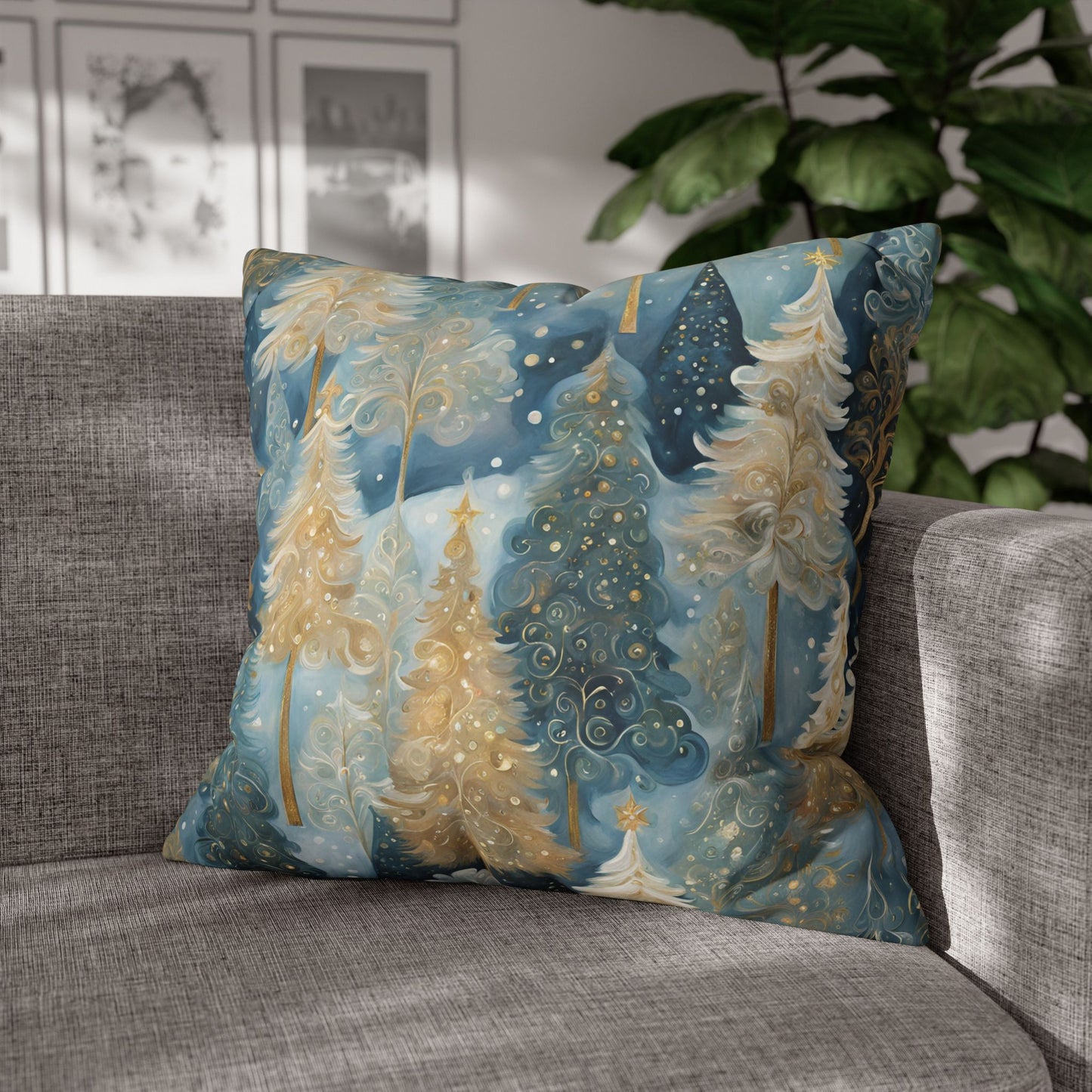 Blue & Cream Trees Square Poly Canvas Pillowcase