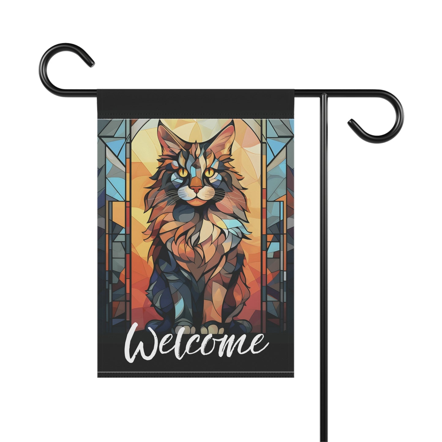 Maine Coon Cat Welcome Stained Glass Look 2-Sided Garden & House Flag/Banner