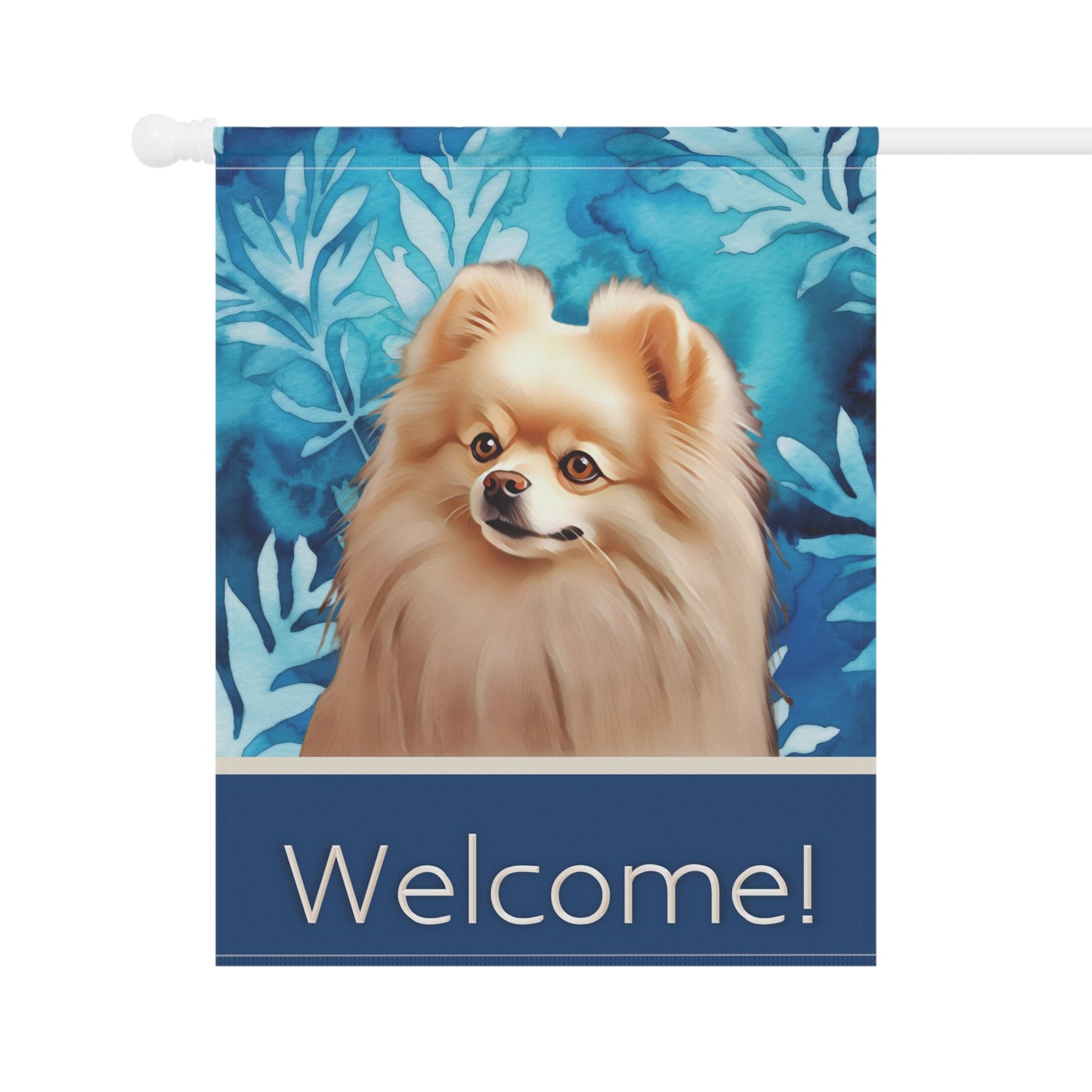 Pomeranian Welcome Blue 2-Sided Garden & House Flag/Banner