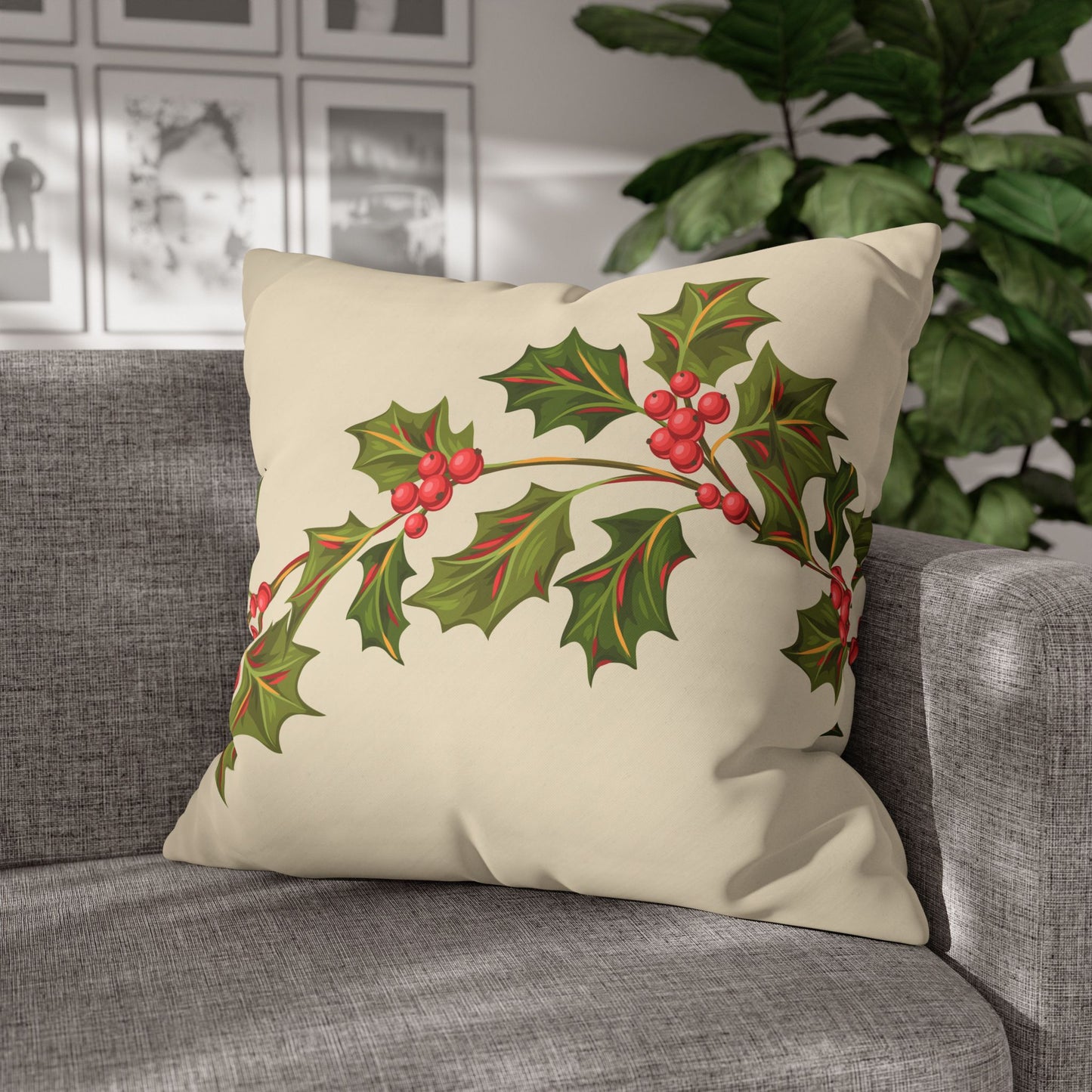 Holly Vine Holiday Square Poly Canvas Pillowcase