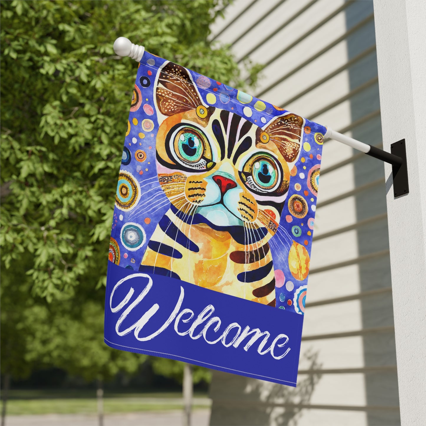 Funky Bright Cat Welcome 2-Sided Garden & House Flag/Banner