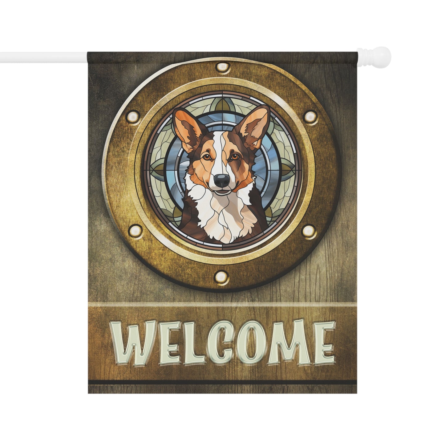 Corgi in Port Hole Welcome 2-Sided Garden & House Flag/Banner