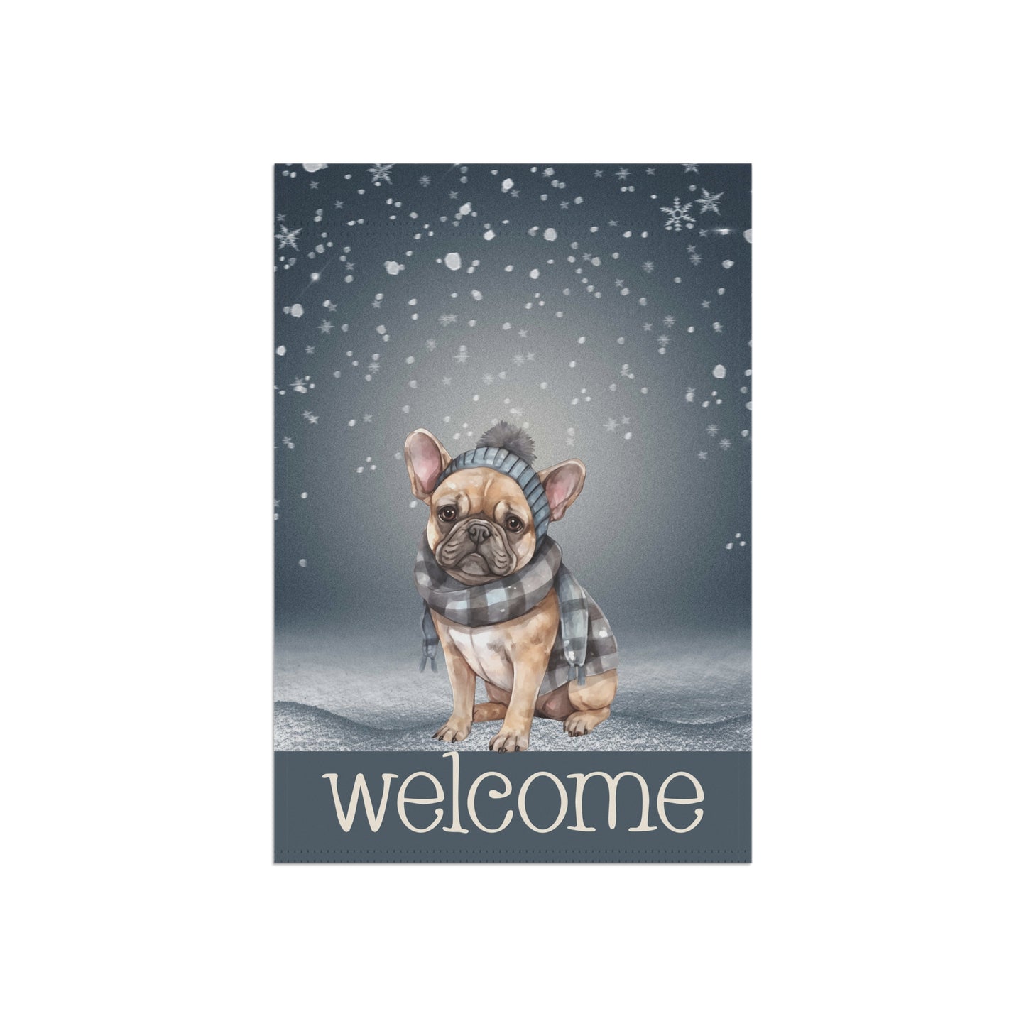 Snowy Welcome French Bulldog in Scarf 2-Sided Garden & House Flag/Banner