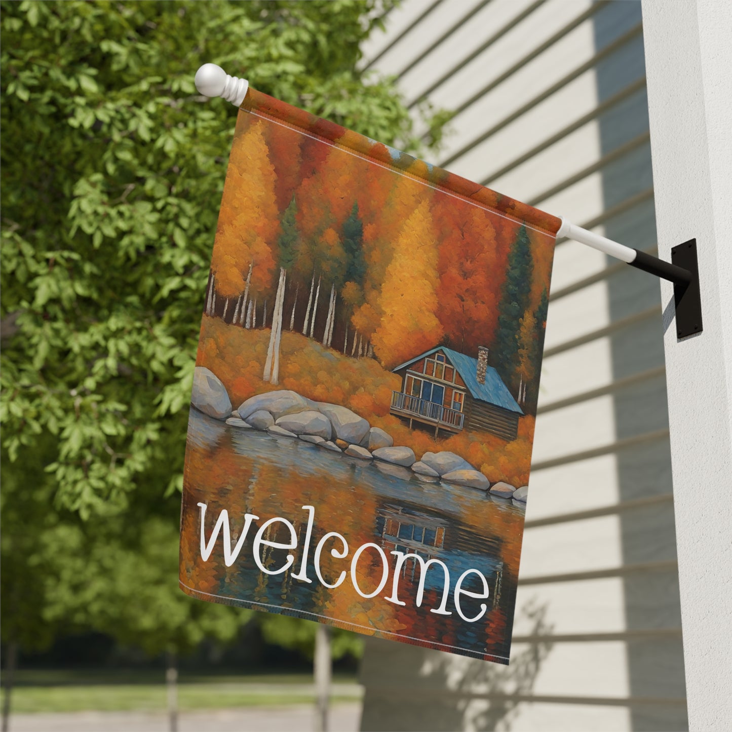 Lakeside Cabin in Fall Welcome 2-Sided Garden & House Flag/Banner