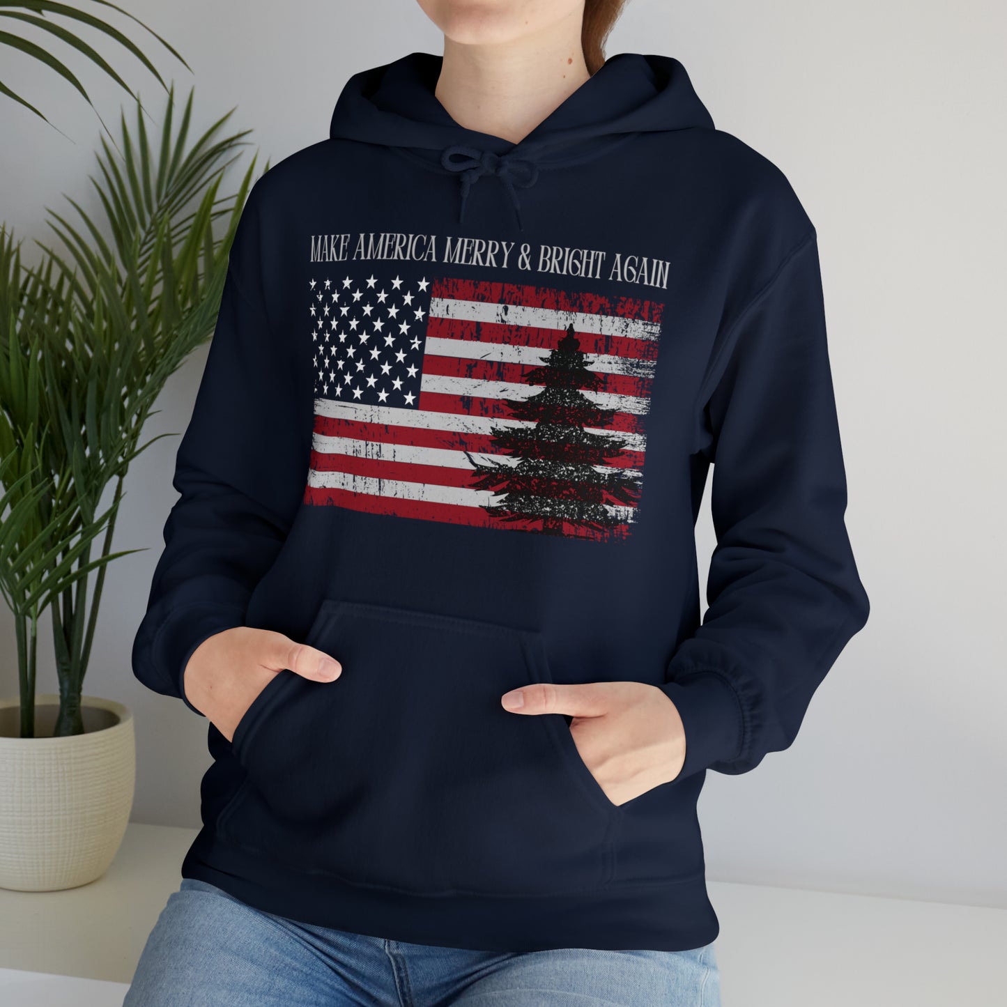 American Flag Make America Merry & Bright Again Unisex Heavy Blend™ Hooded Sweatshirt