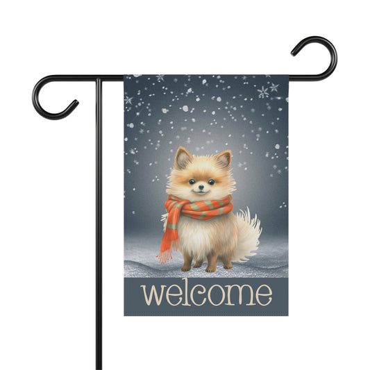 Snowy Welcome Pomeranian in Scarf 2-Sided Garden & House Flag/Banner