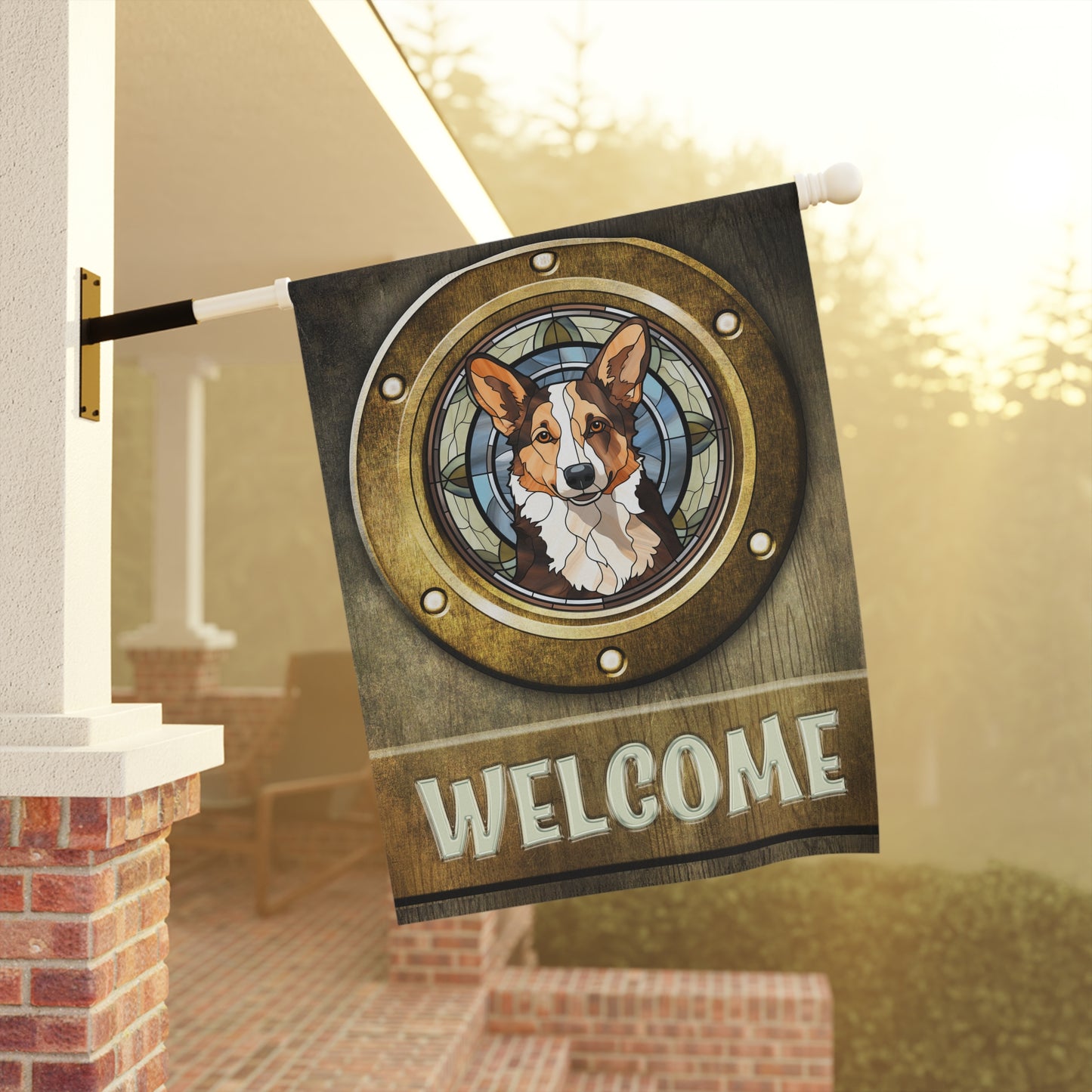 Corgi in Port Hole Welcome 2-Sided Garden & House Flag/Banner