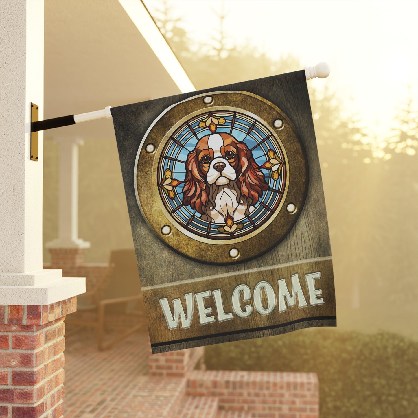 Cavalier King Charles in Port Hole Welcome 2-Sided Garden & House Flag/Banner