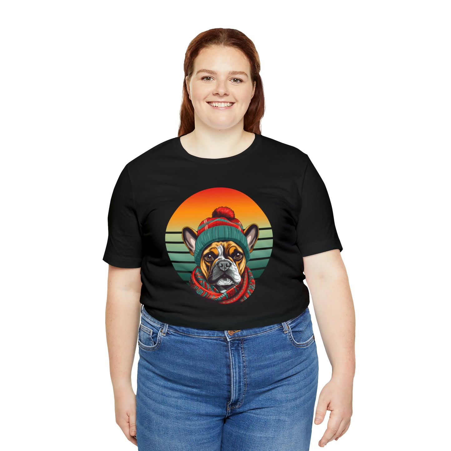 Retro French Bulldog in Hat & Scarf Unisex Jersey Short Sleeve Tee