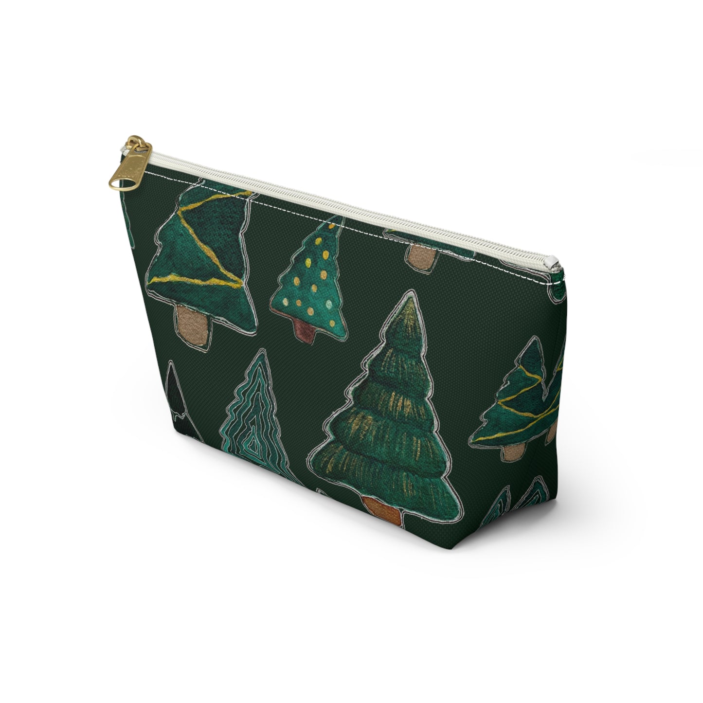 Christmas Tree Cutouts on Green Accessory Pouch w T-bottom