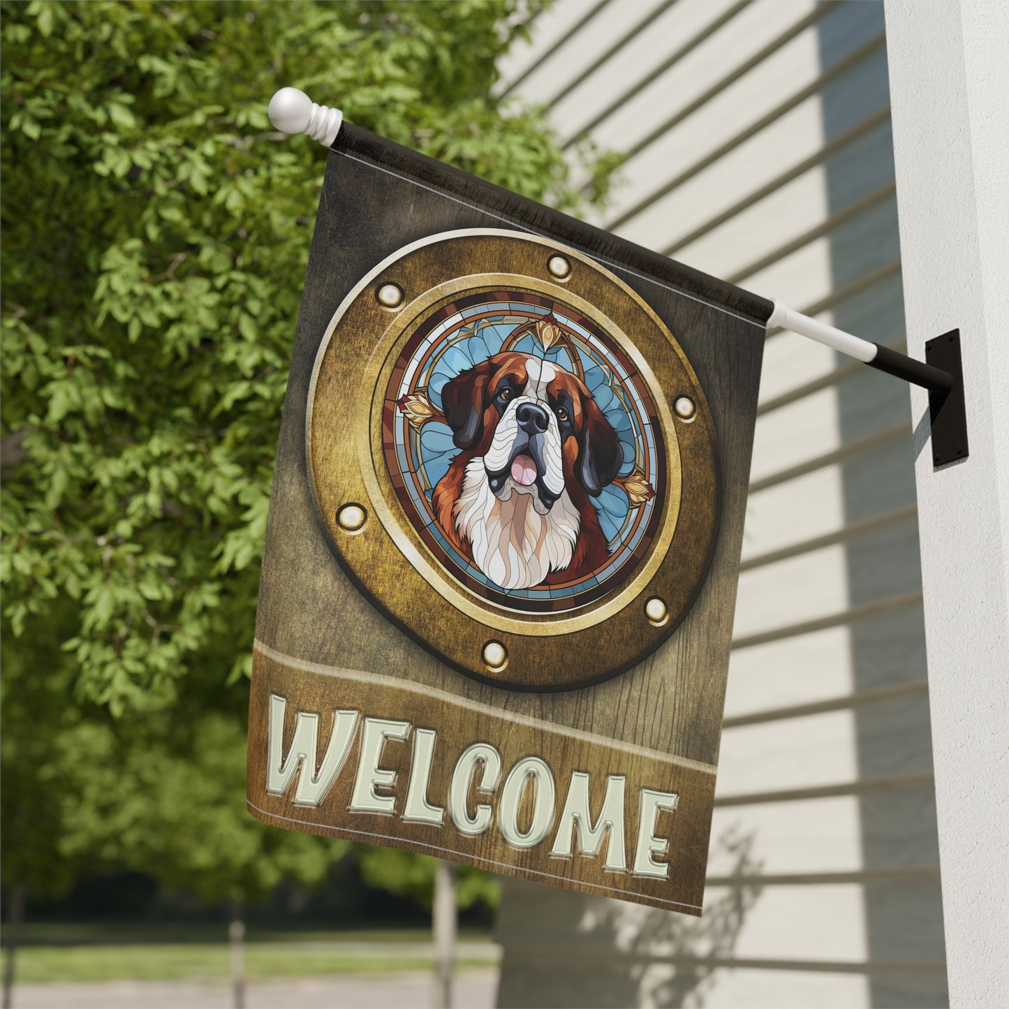 Saint Bernard in Port Hole Welcome 2- Sided Garden & House Flag/Banner