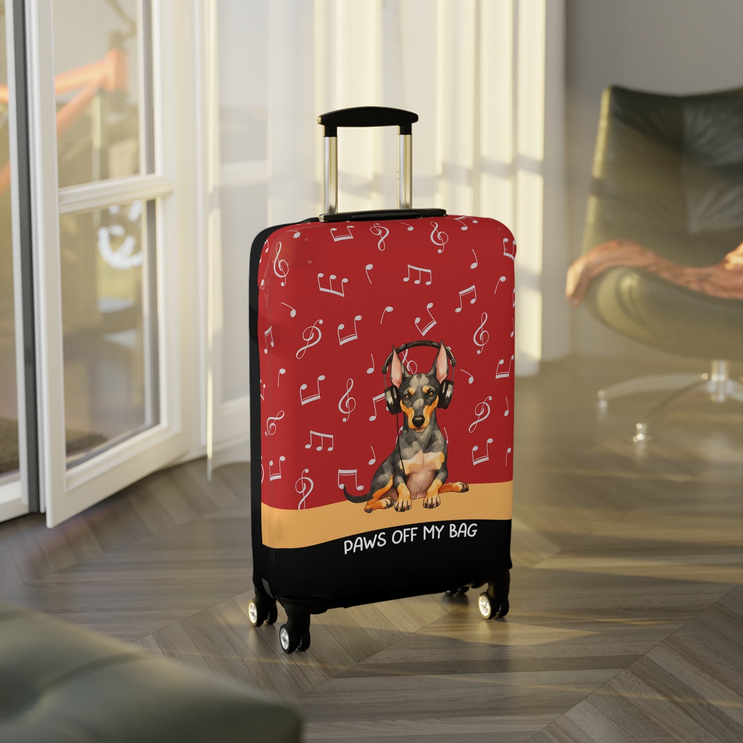 Doberman Pinscher in Headphones Paws Off My Bag Luggage Cover