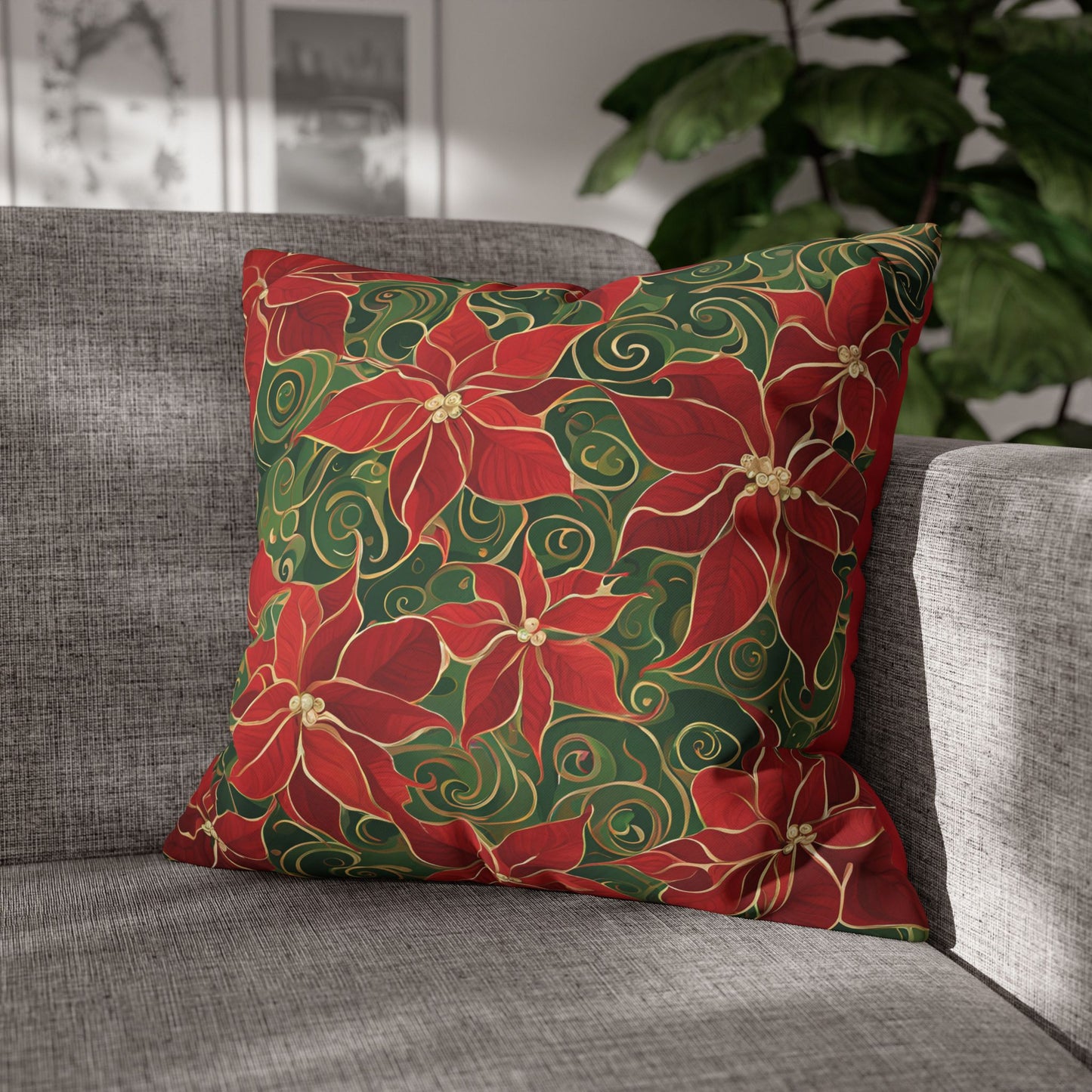 Poinsettias Swirl Holiday Square Poly Canvas Pillowcase