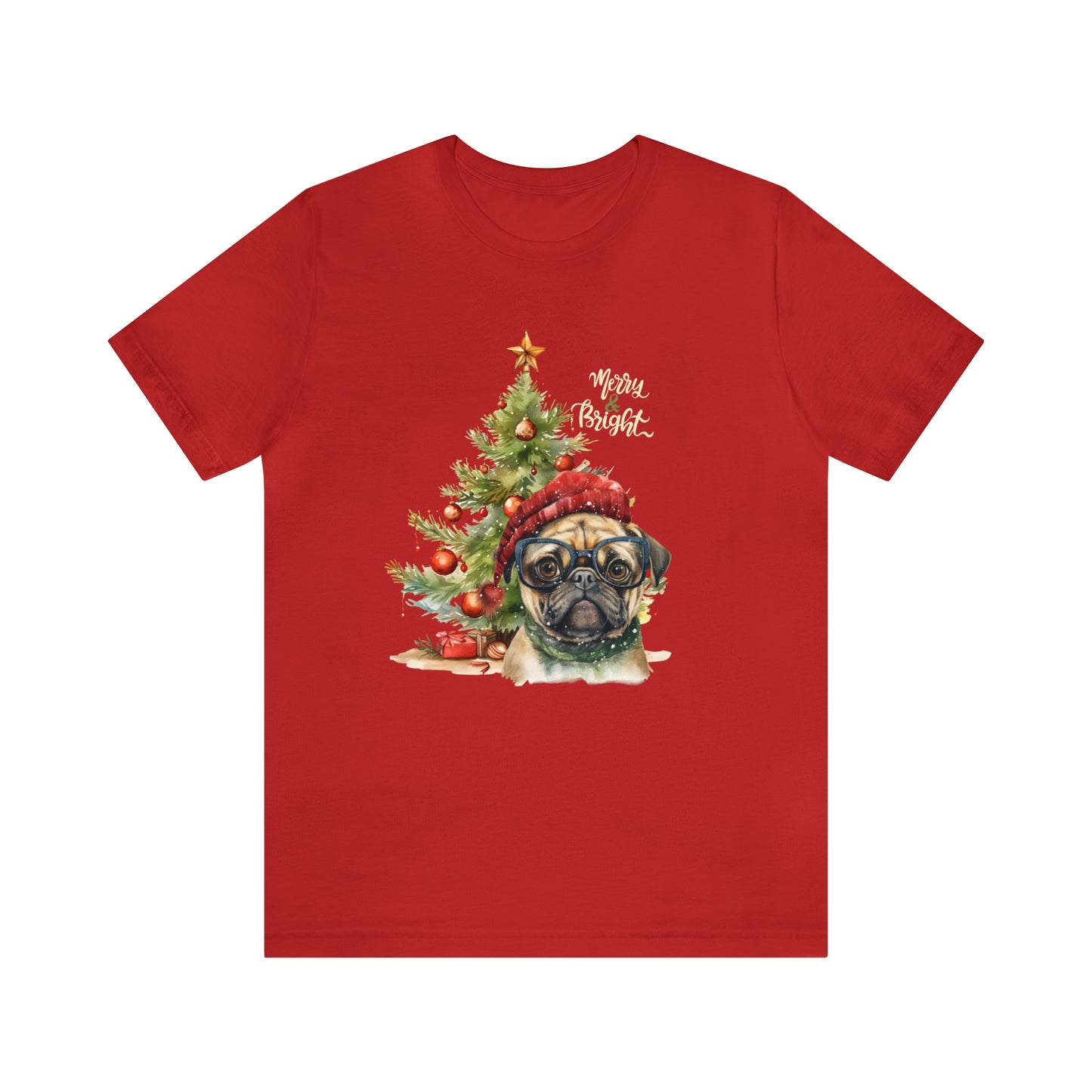 Merry & Bright Pug in Glasses Unisex Jersey Short Sleeve Tee