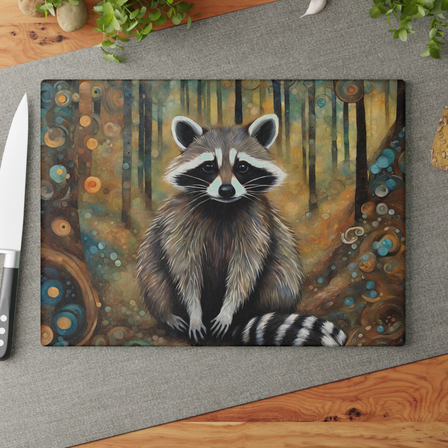 Mountain Forest Raccoon Tempered Glass Cutting Board