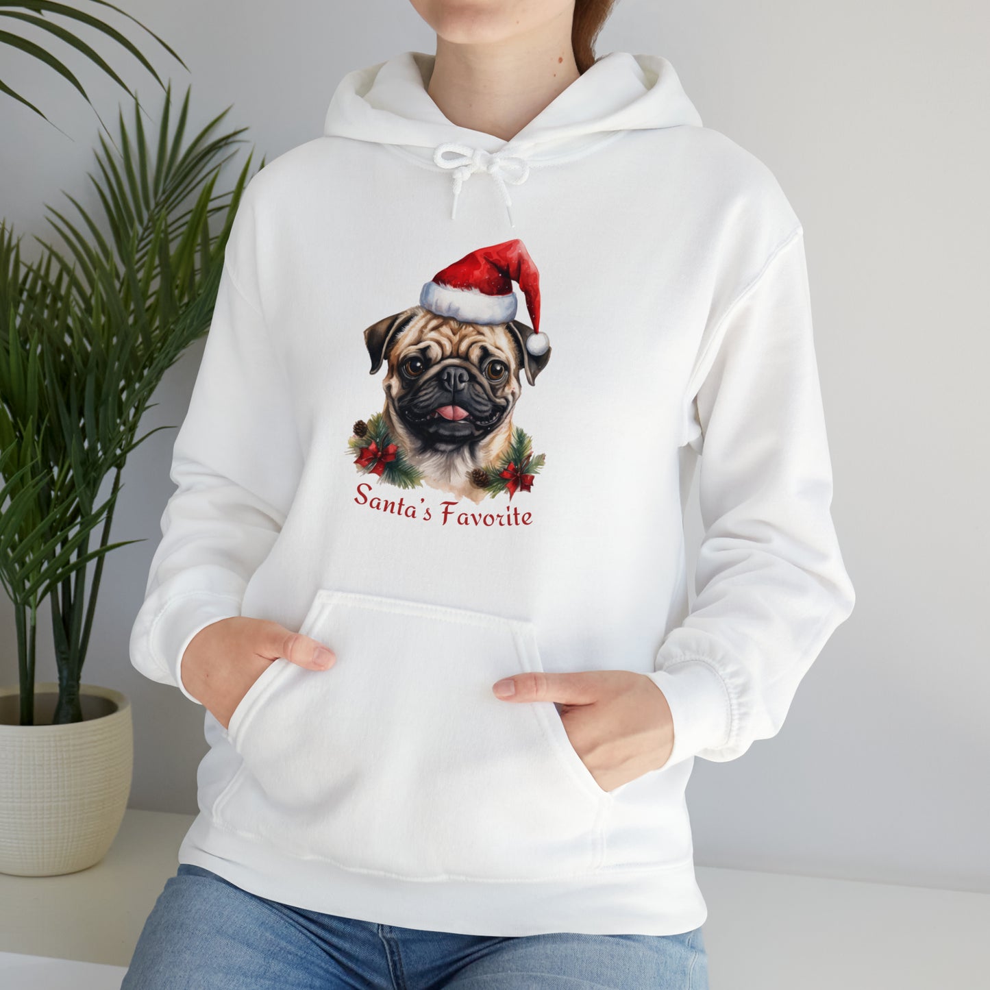 Santa's Favorite Pug in Santa Hat Unisex Heavy Blend™ Hooded Sweatshirt