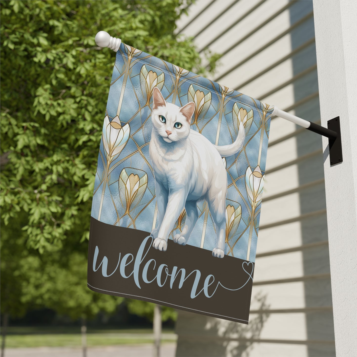 White Cat Welcome 2-Sided Garden & House Flag/Banner