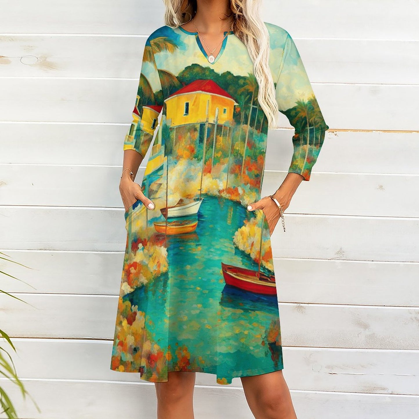 Abacos Bahamas V-neck 3/4 Sleeve Dress with Pockets