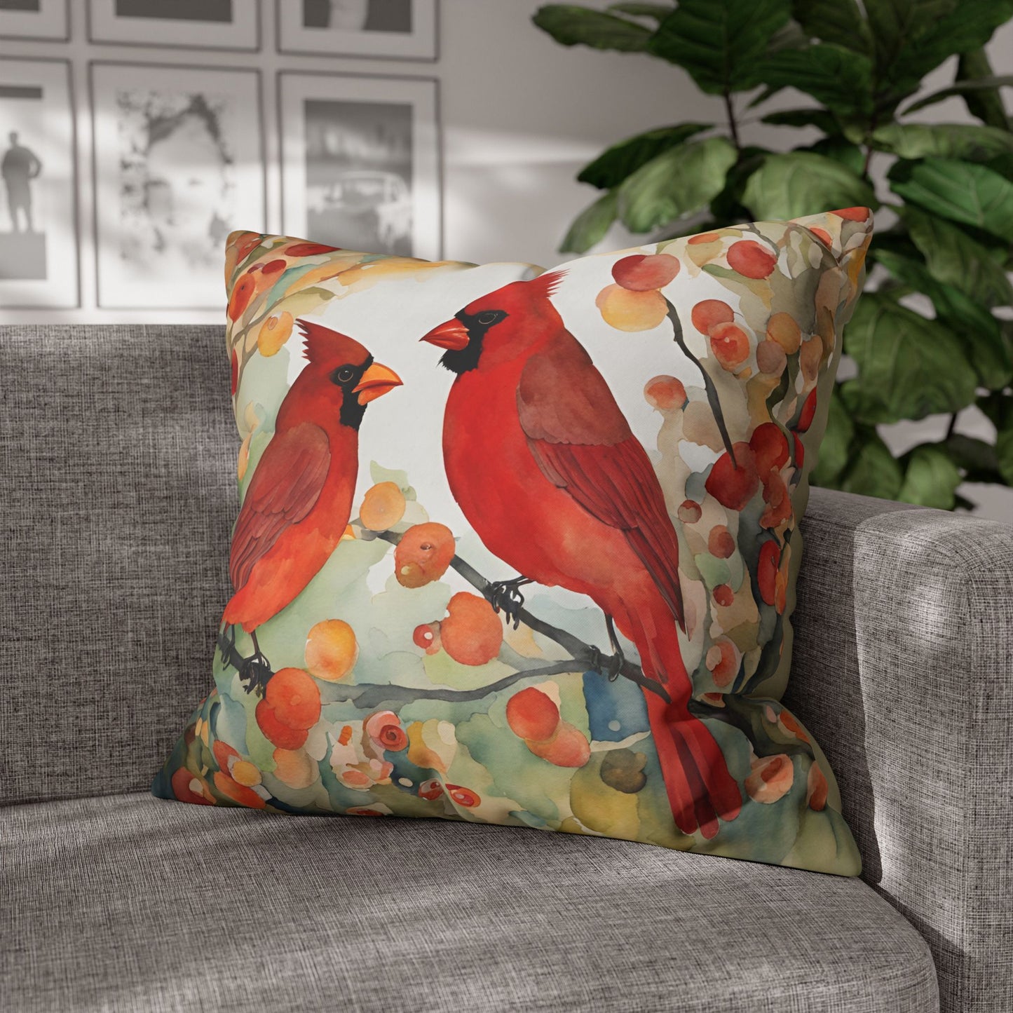 Autumn Cardinals Square Poly Canvas Pillowcase