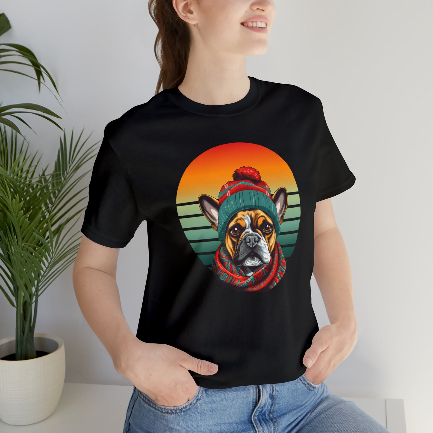 Retro French Bulldog in Hat & Scarf Unisex Jersey Short Sleeve Tee