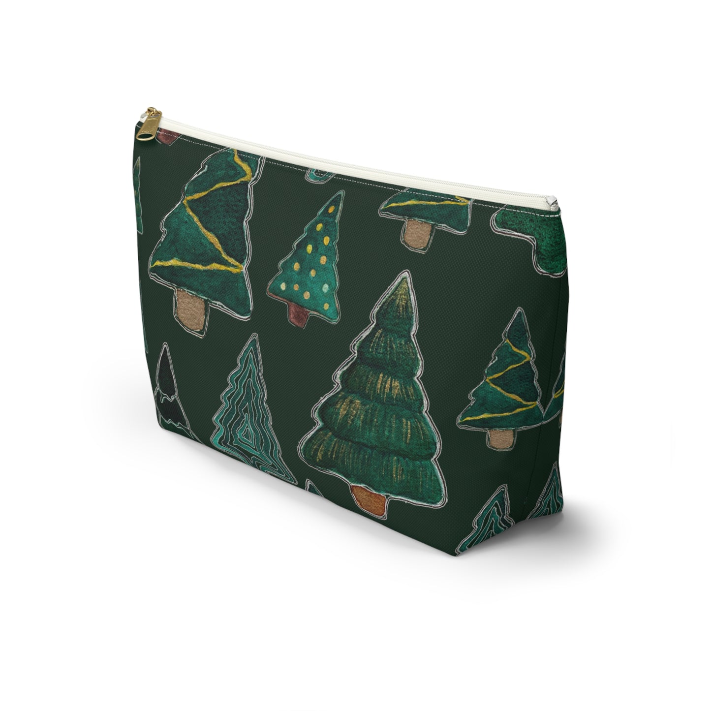 Christmas Tree Cutouts on Green Accessory Pouch w T-bottom