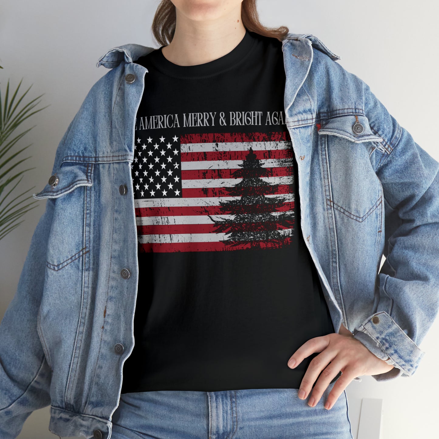 American Flag Make America Merry & Bright Again Unisex Heavy Cotton Tee