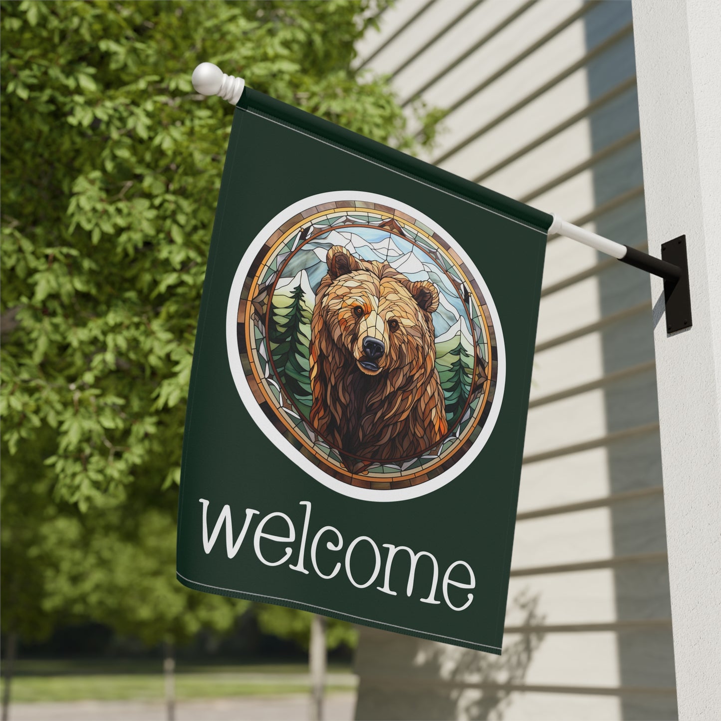 Grizzly Bear on Green Welcome 2-Sided Garden & House Flag/Banner