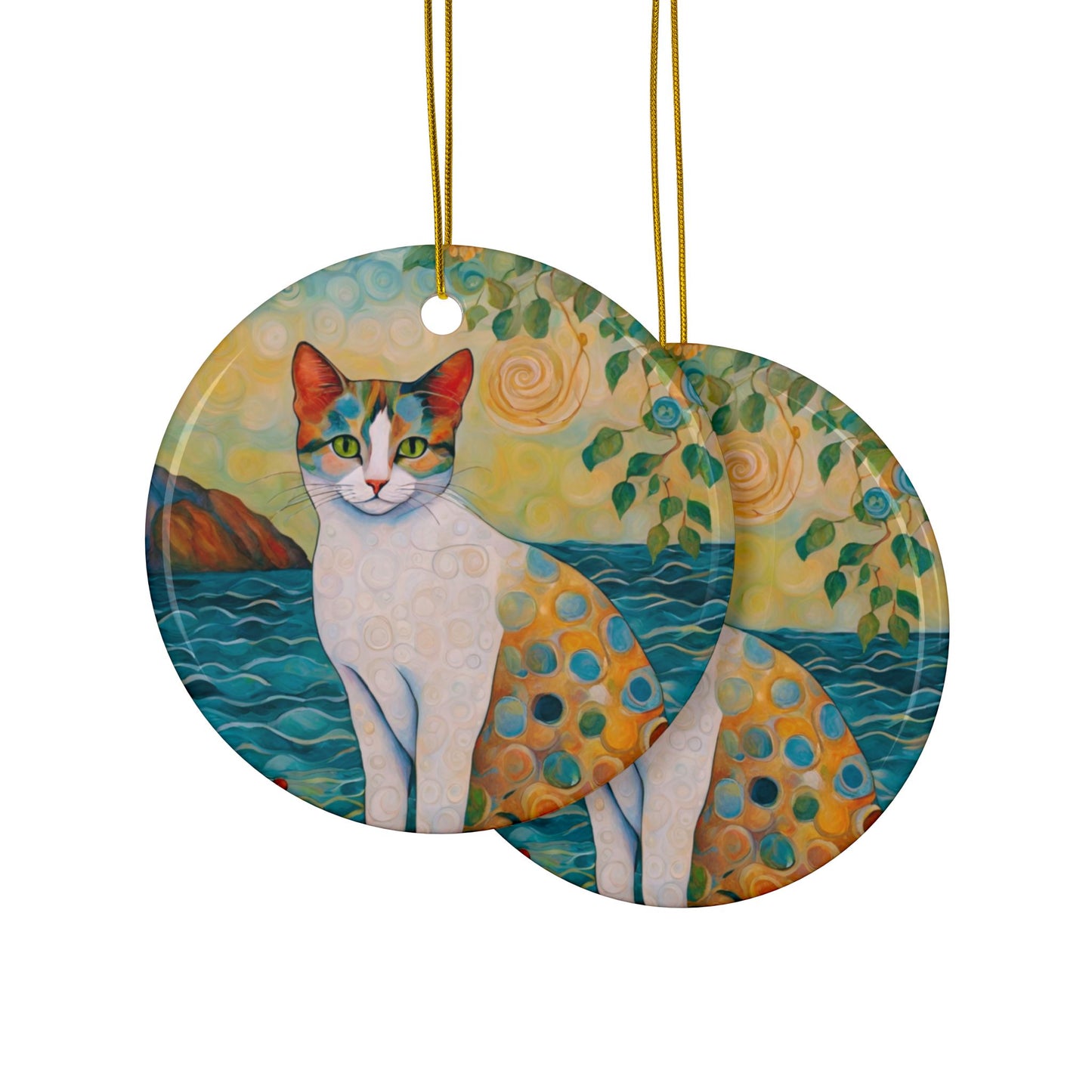 Shoreline Cat 3" Ceramic Ornaments, 2-Side Print, (1pc, 10pcs)