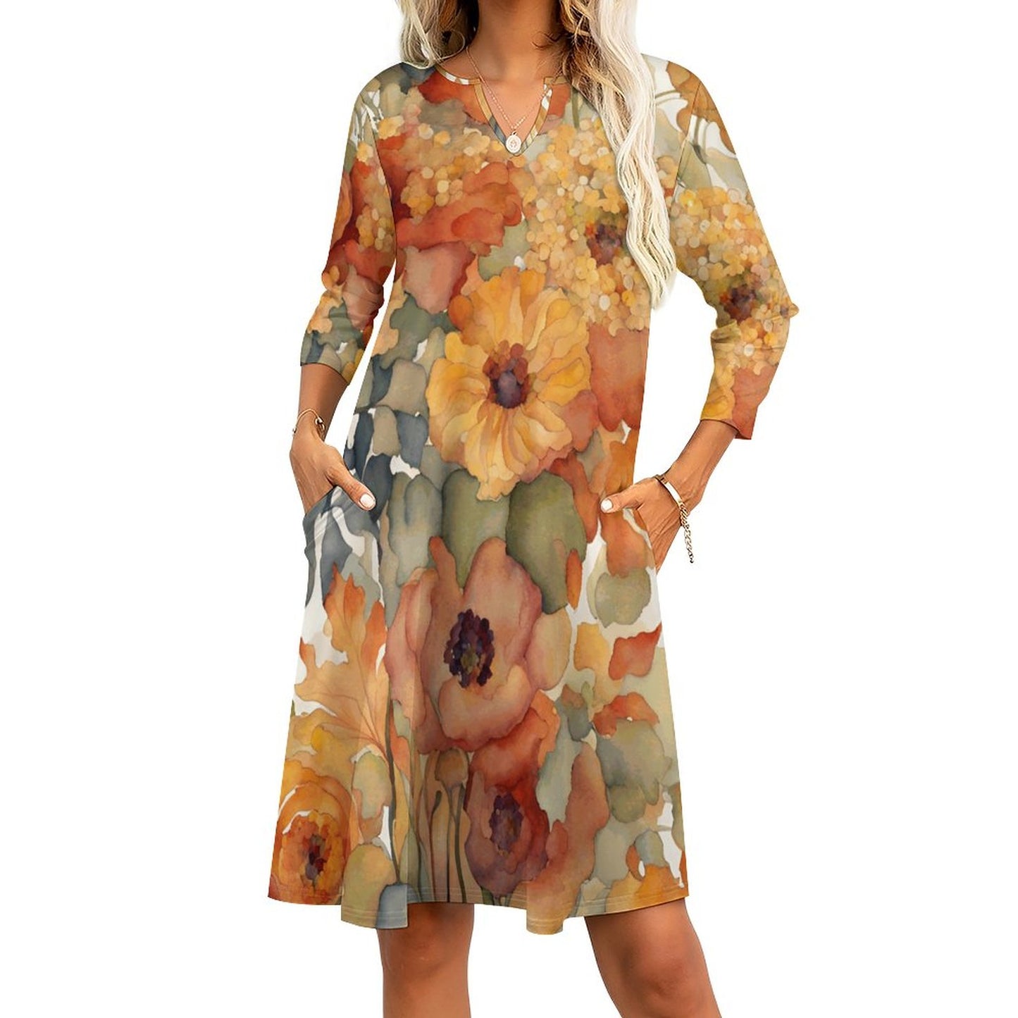 Amber V-neck 3/4 Sleeve Dress with Pockets