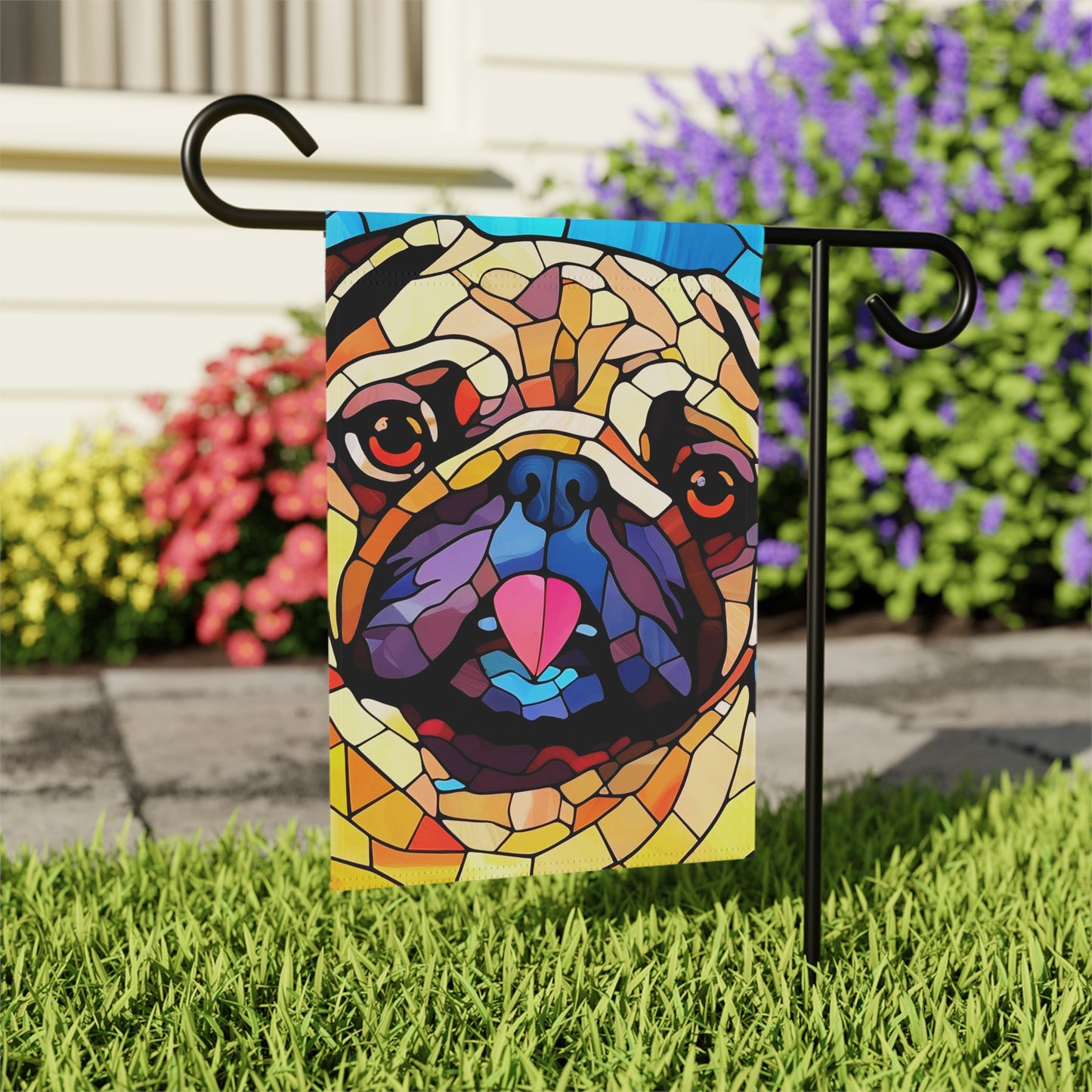 Pug Face Stained Glass Look 2-Sided Garden & House Flag/Banner