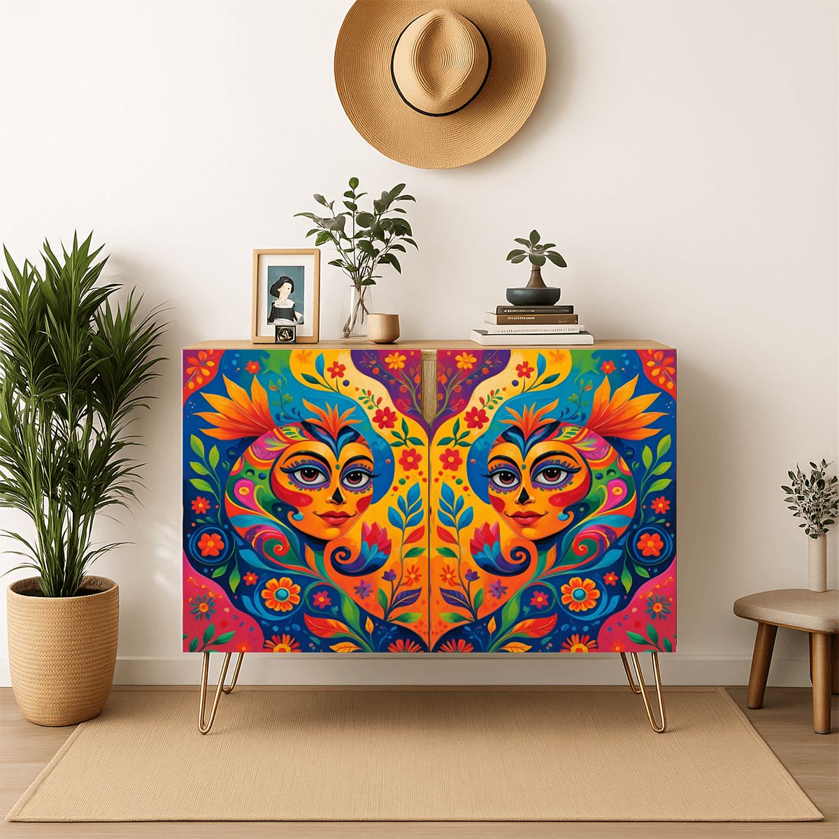 Colorful Mexican Art Wooden Storage Cabinet (Made in USA)