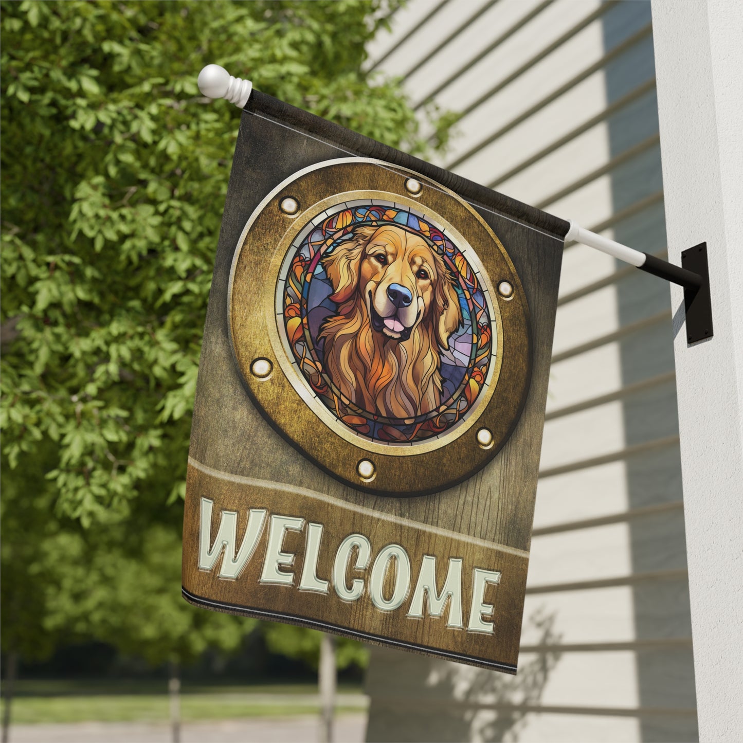 Golden Retriever in Port Hole Welcome 2-Sided Garden & House Flag/Banner