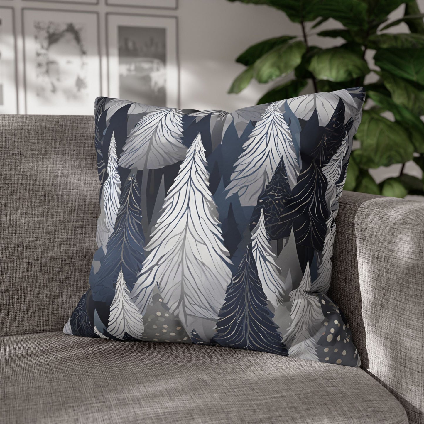 Navy Modern Trees Square Poly Canvas Pillowcase