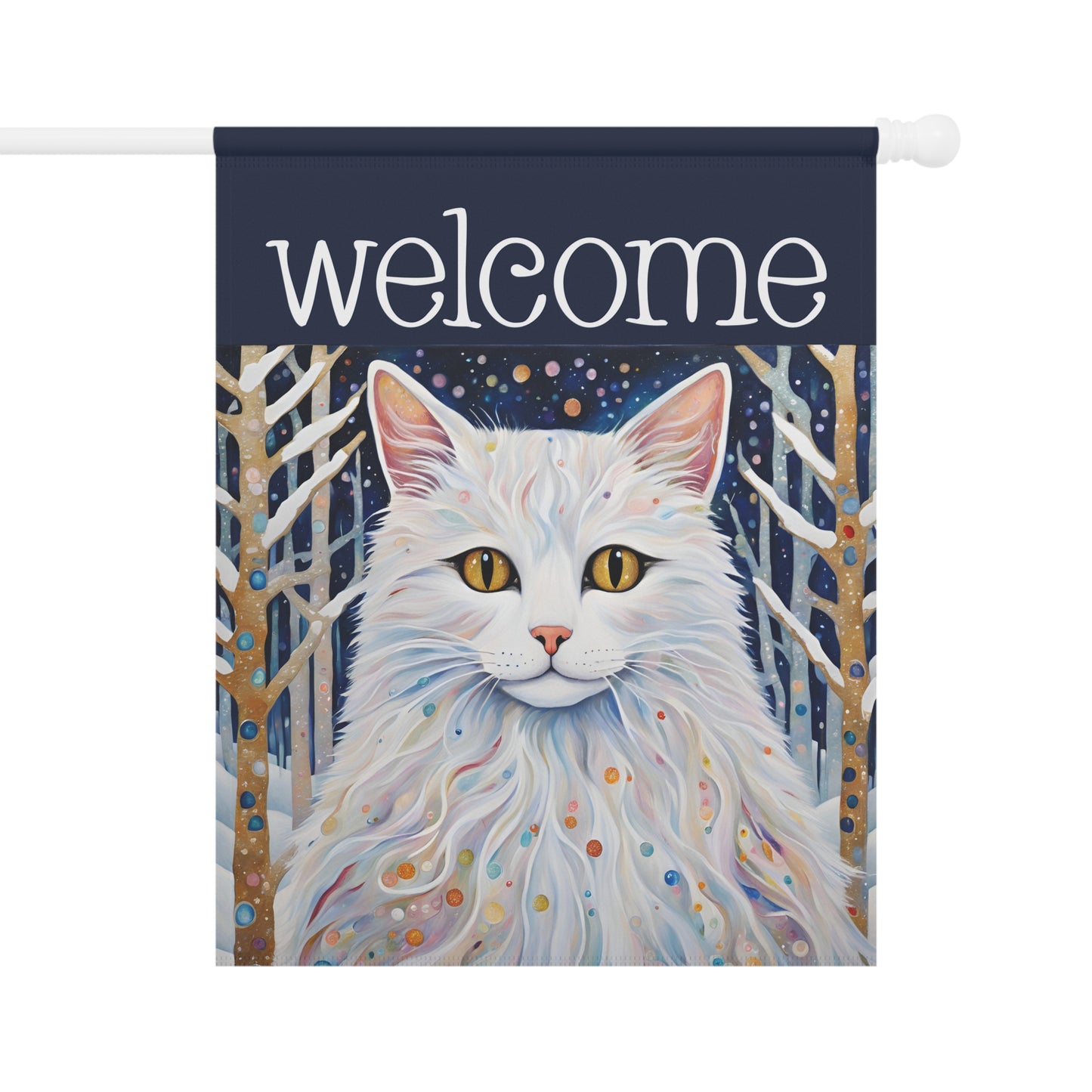 Snowy Cat Welcome 2-Sided Garden & House Flag/Banner