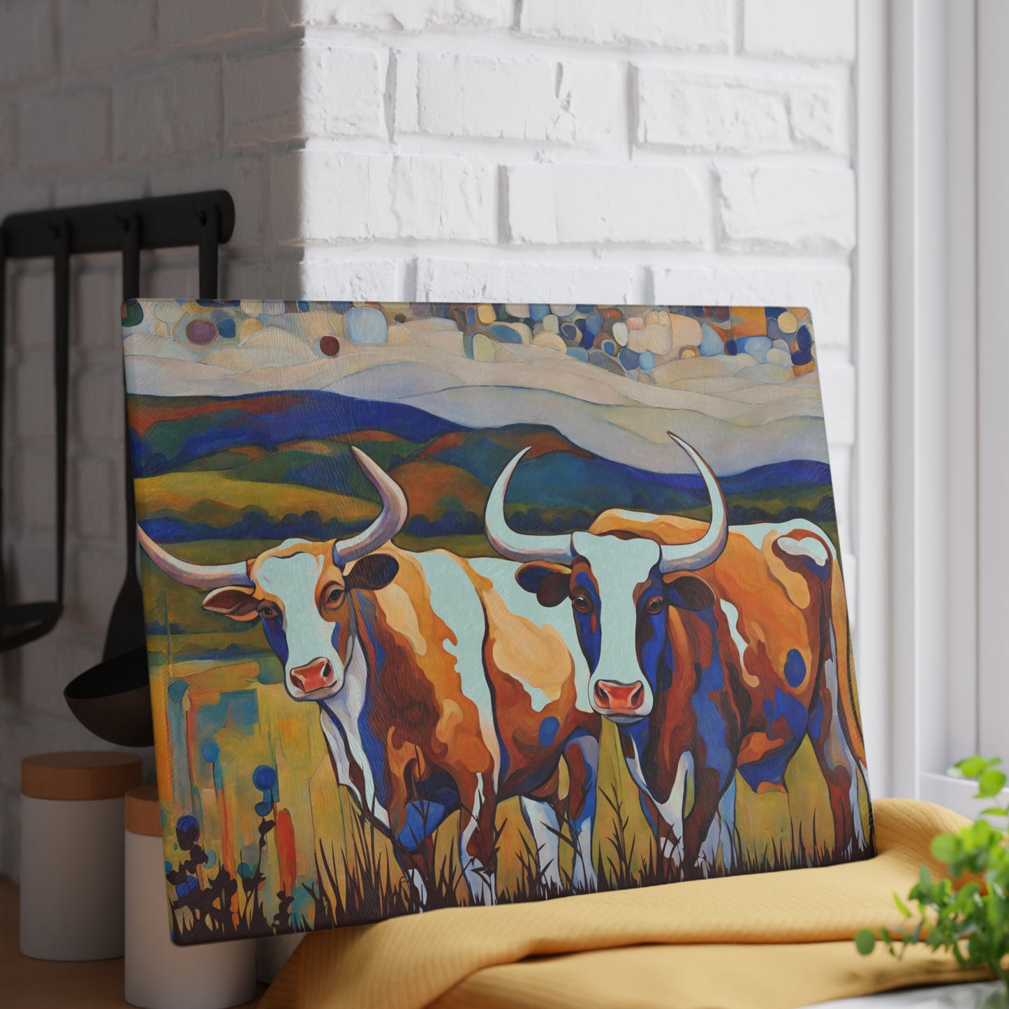 At the Ranch Longhorn Cattle Abstract Art Tempered Glass Cutting Board