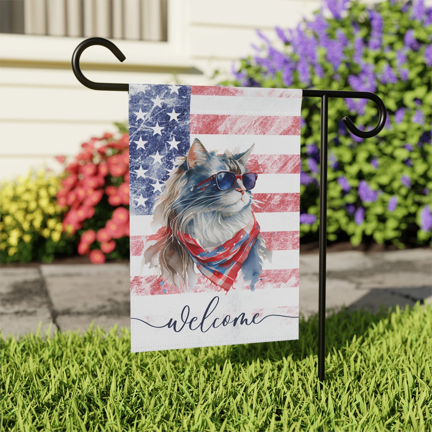 Patriotic Cat in Glasses Welcome 2-Sided Garden & House Flag/Banner