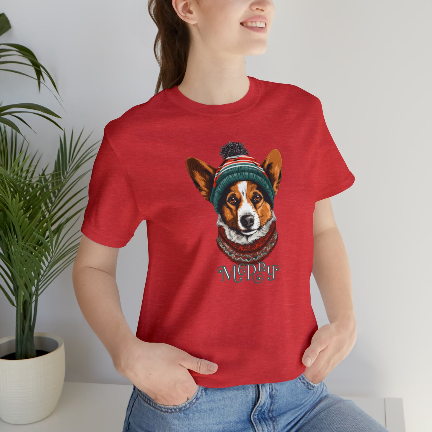 Merry Corgi in Hat & Scarf Unisex Jersey Short Sleeve Tee