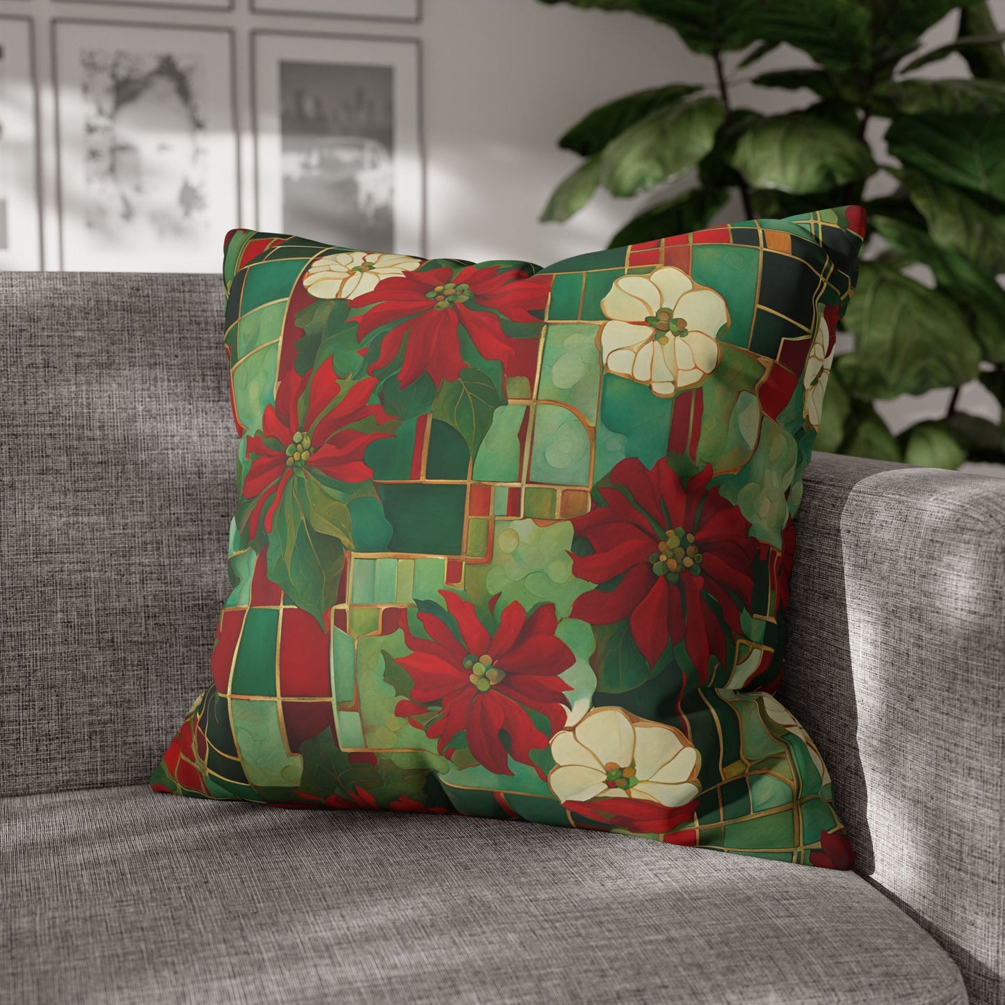 Jo's Poinsettias Square Poly Canvas Pillowcase