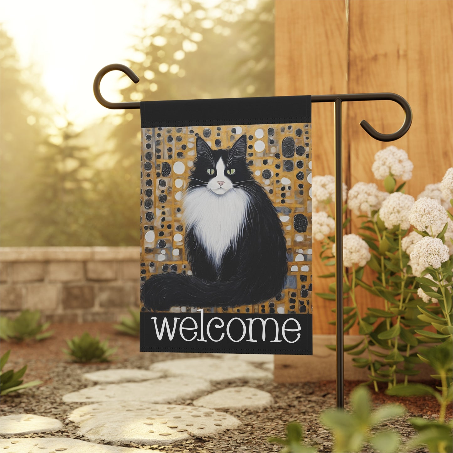 Eugene Black & White Cat Welcome 2-Sided Garden & House Flag/Banner