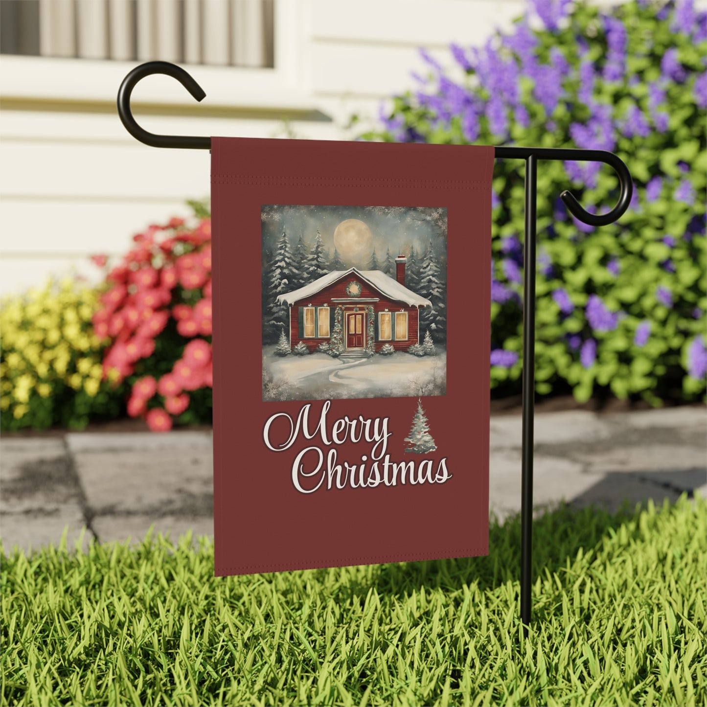 Red Cabin Merry Christmas 2-Sided Garden & House Flag/Banner