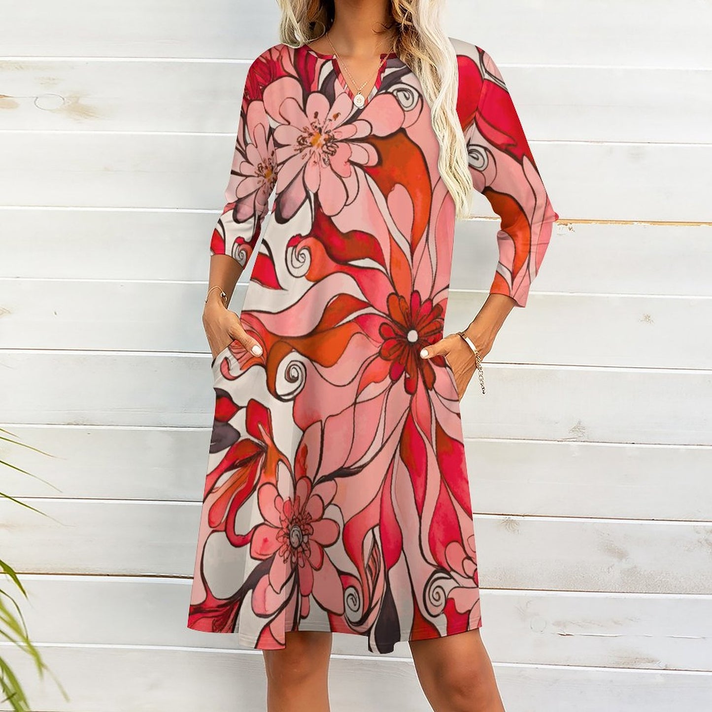 Aubrey V-neck 3/4 Sleeve Dress with Pockets