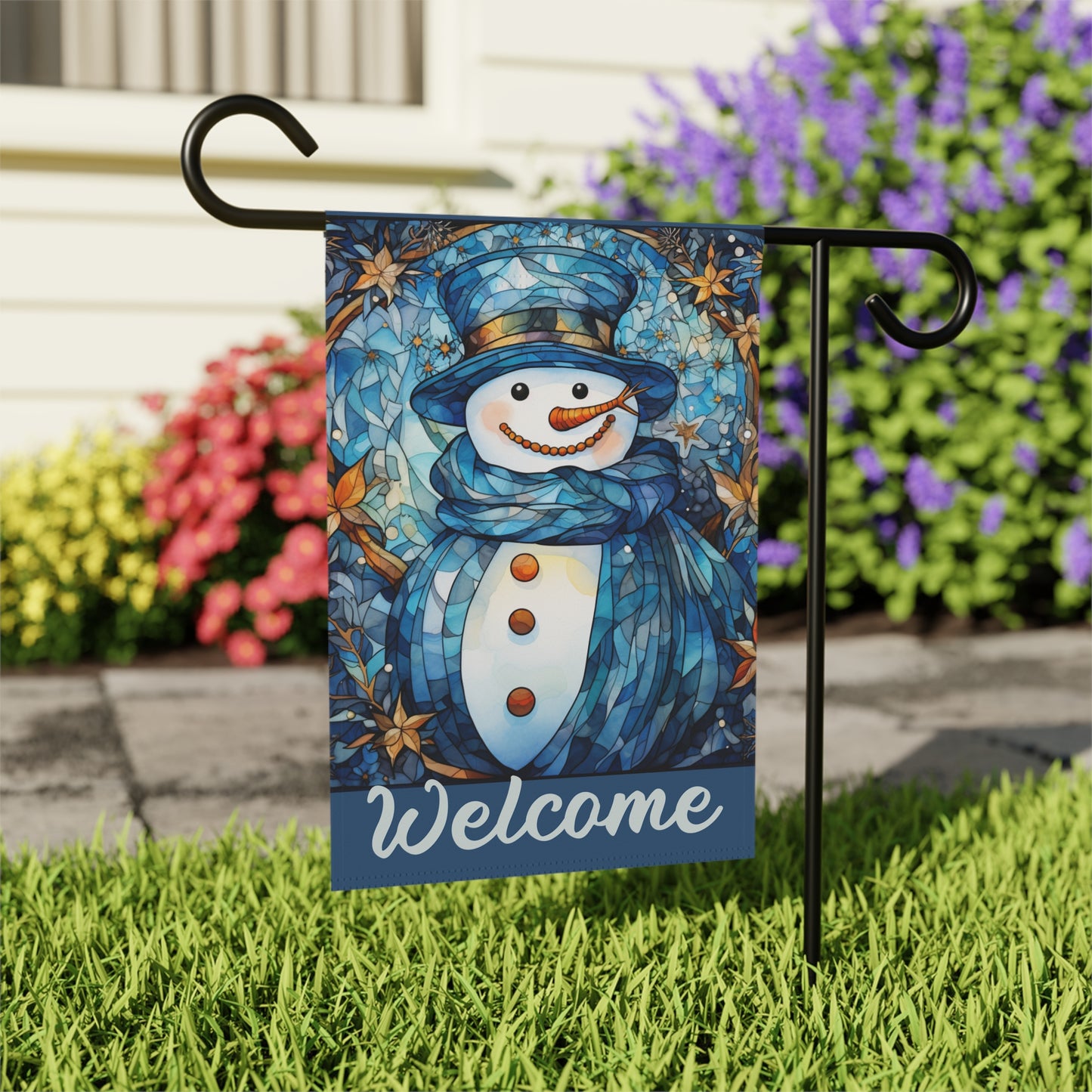 Snowman in Blue Welcome 2-Sided Garden & House Banner