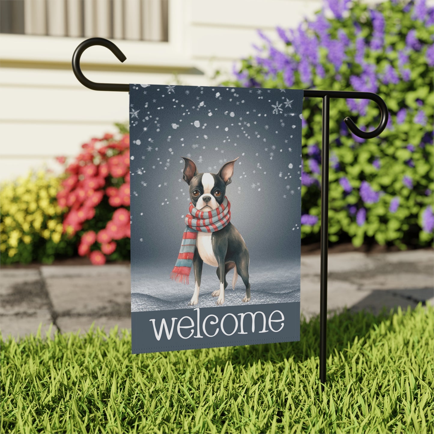 Snowy Welcome Boston Terrier in Scarf 2-Sided Garden & House Flag/Banner