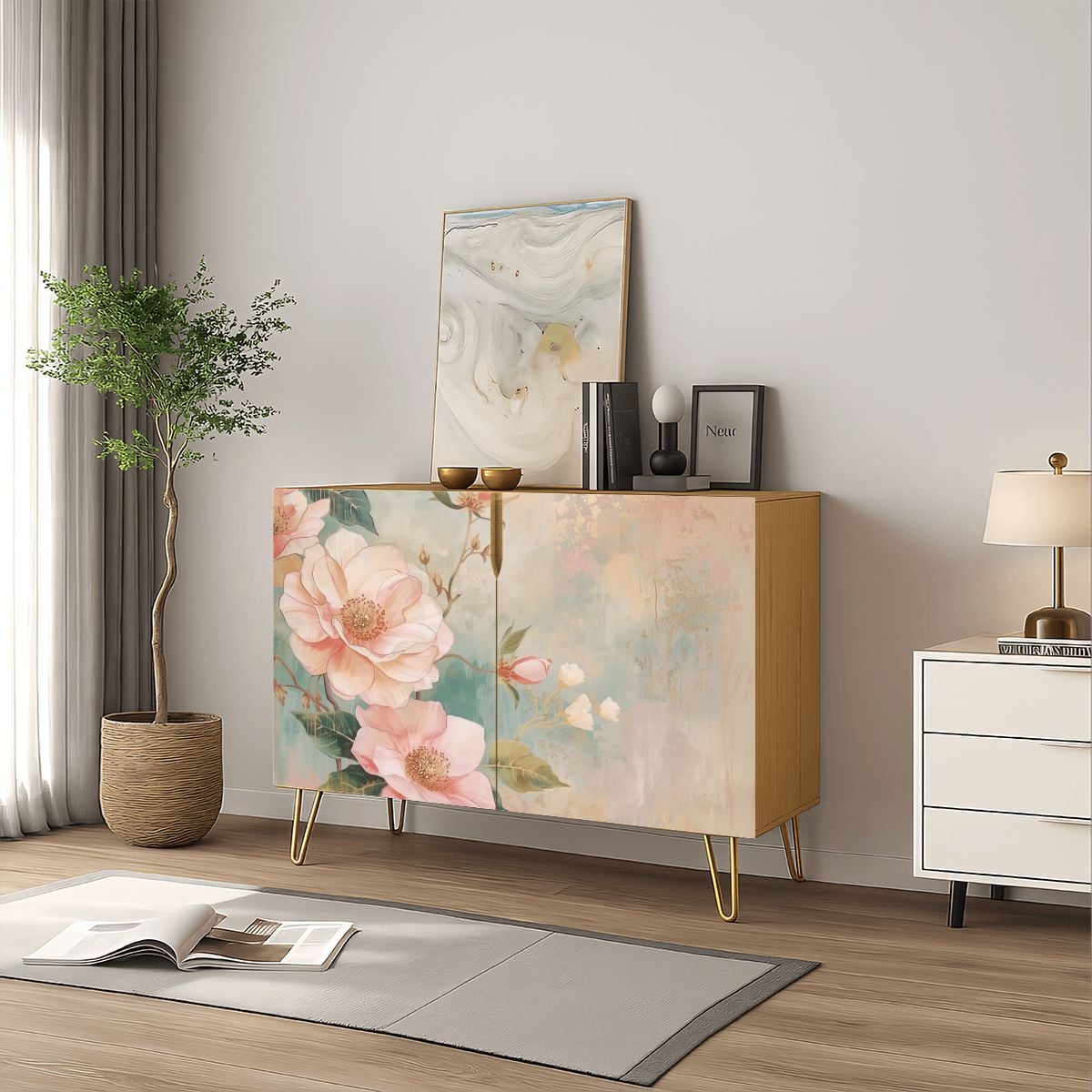 Pastel Floral Wooden Storage Cabinet (Made in USA)