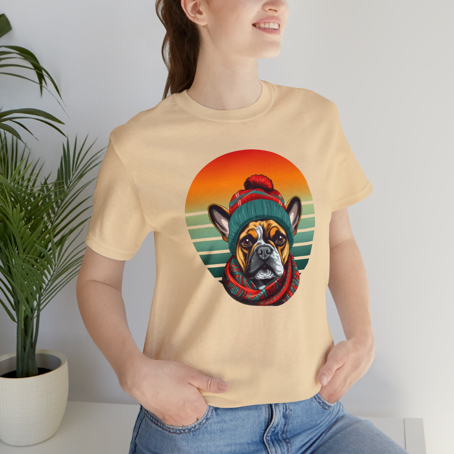 Retro French Bulldog in Hat & Scarf Unisex Jersey Short Sleeve Tee